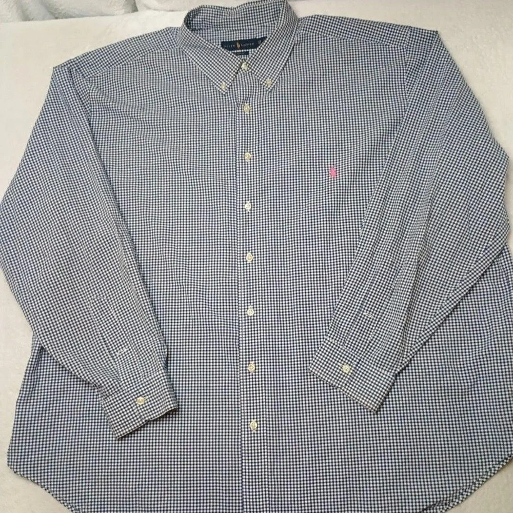 Ralph Lauren Shirt Mens Big 3XB Blue Plaid Button-Down Classic Pink Pony Casual